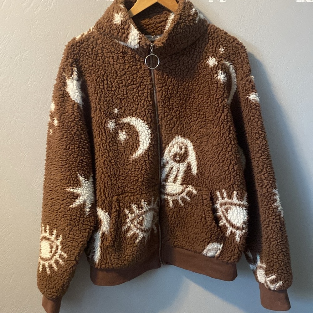 Sherpa Brown printed zip up crew neck